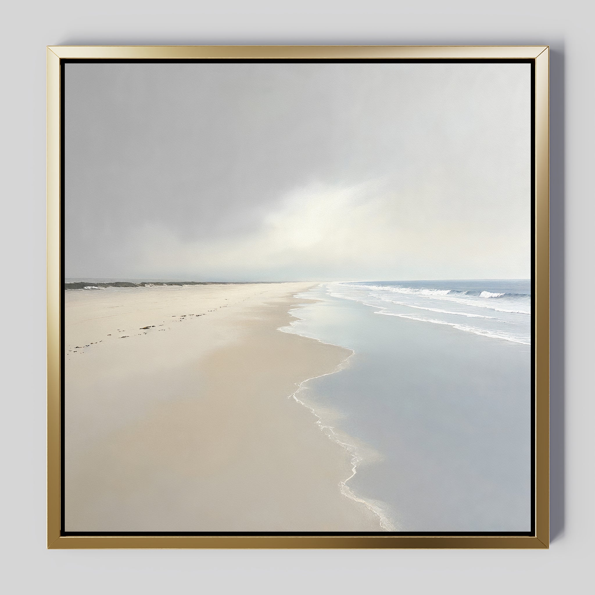 Tidal Reflections Canvas Art - Square features a calm, empty beach with gentle waves, a cloudy sky, and faint footprints in the wet sand—making it the perfect calming wall decor for any space.