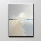 Tidal Reflections Canvas Art - Vertical: A framed coastal canvas featuring a calm, empty beach with gentle waves, a cloudy sky, and shoreline footprints—ideal as calming wall decor for any space.