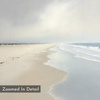 A tranquil, empty beach extends under a cloudy sky as gentle waves meet smooth sand. Perfect as calming wall decor, Tidal Reflections Canvas Art - Vertical features "Zoomed In Detail" in a gray box at the bottom left.
