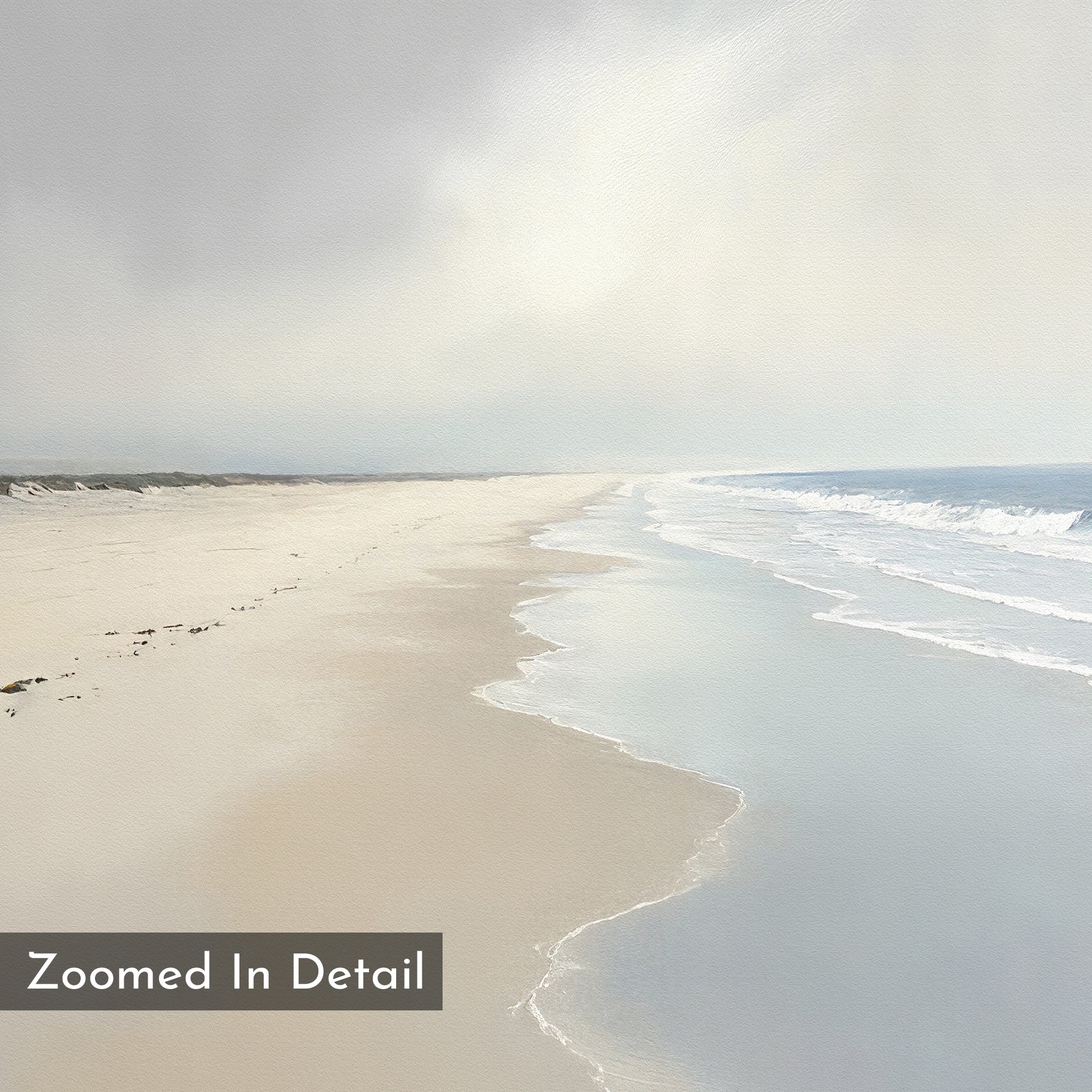 A tranquil, empty beach extends under a cloudy sky as gentle waves meet smooth sand. Perfect as calming wall decor, Tidal Reflections Canvas Art - Vertical features "Zoomed In Detail" in a gray box at the bottom left.