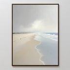 The Tidal Reflections Canvas Art - Vertical features a serene beach with gentle waves, reflective wet sand, and distant footprints—ideal as calming wall decor or a peaceful ocean-inspired art piece.