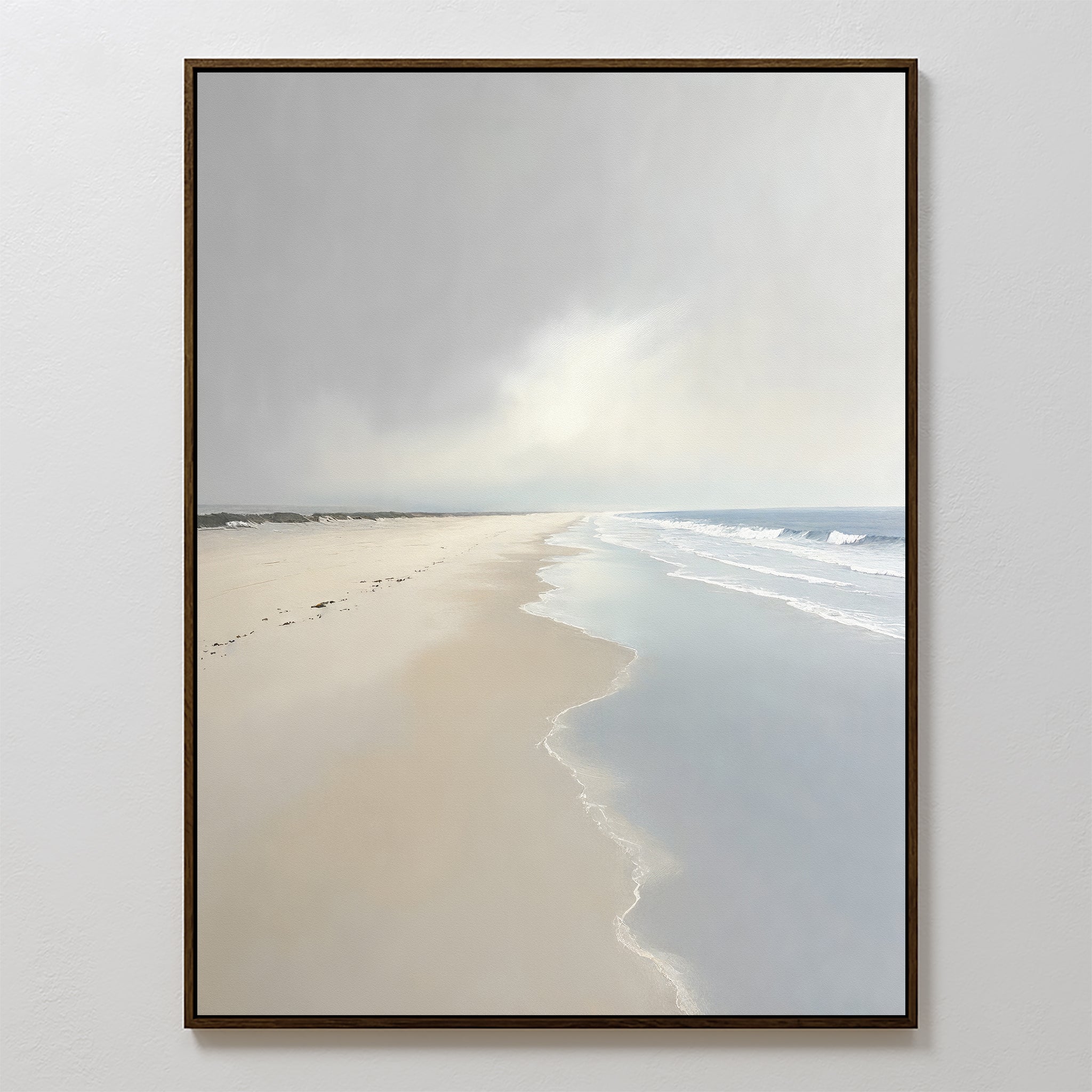 The Tidal Reflections Canvas Art - Vertical features a serene beach with gentle waves, reflective wet sand, and distant footprints—ideal as calming wall decor or a peaceful ocean-inspired art piece.