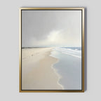 Tidal Reflections Canvas Art - Vertical features a serene coastal scene with gentle waves and a cloudy sky, using soft light and muted colors to add calming ocean decor to any light gray wall.