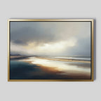 Bring tranquility to your space with Tidal Reverie Canvas Art - Horizontal, featuring a serene beach, calm reflective water, dramatic clouds, gentle sunlight, and distant landforms—ideal coastal wall décor.