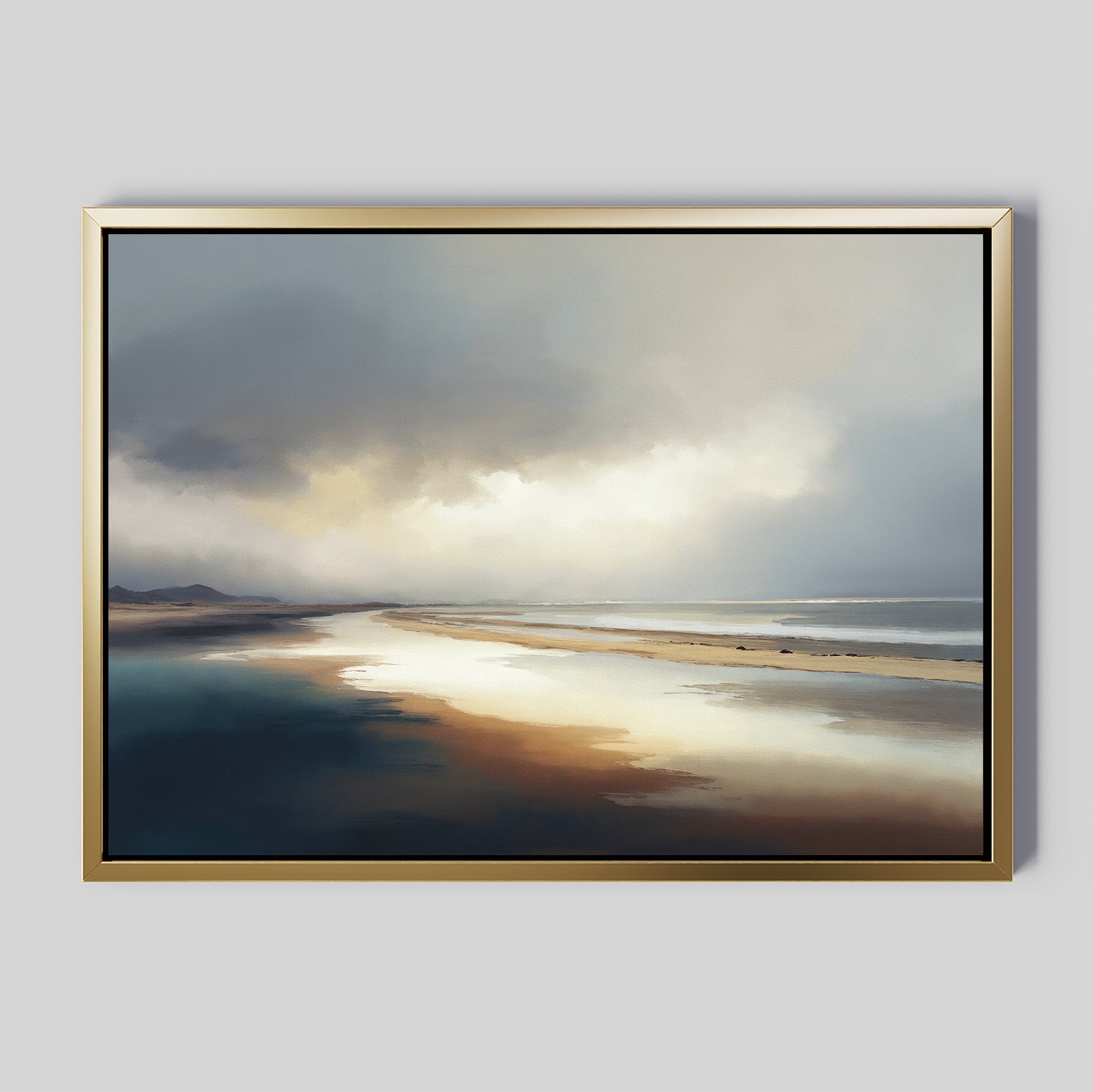 Bring tranquility to your space with Tidal Reverie Canvas Art - Horizontal, featuring a serene beach, calm reflective water, dramatic clouds, gentle sunlight, and distant landforms—ideal coastal wall décor.
