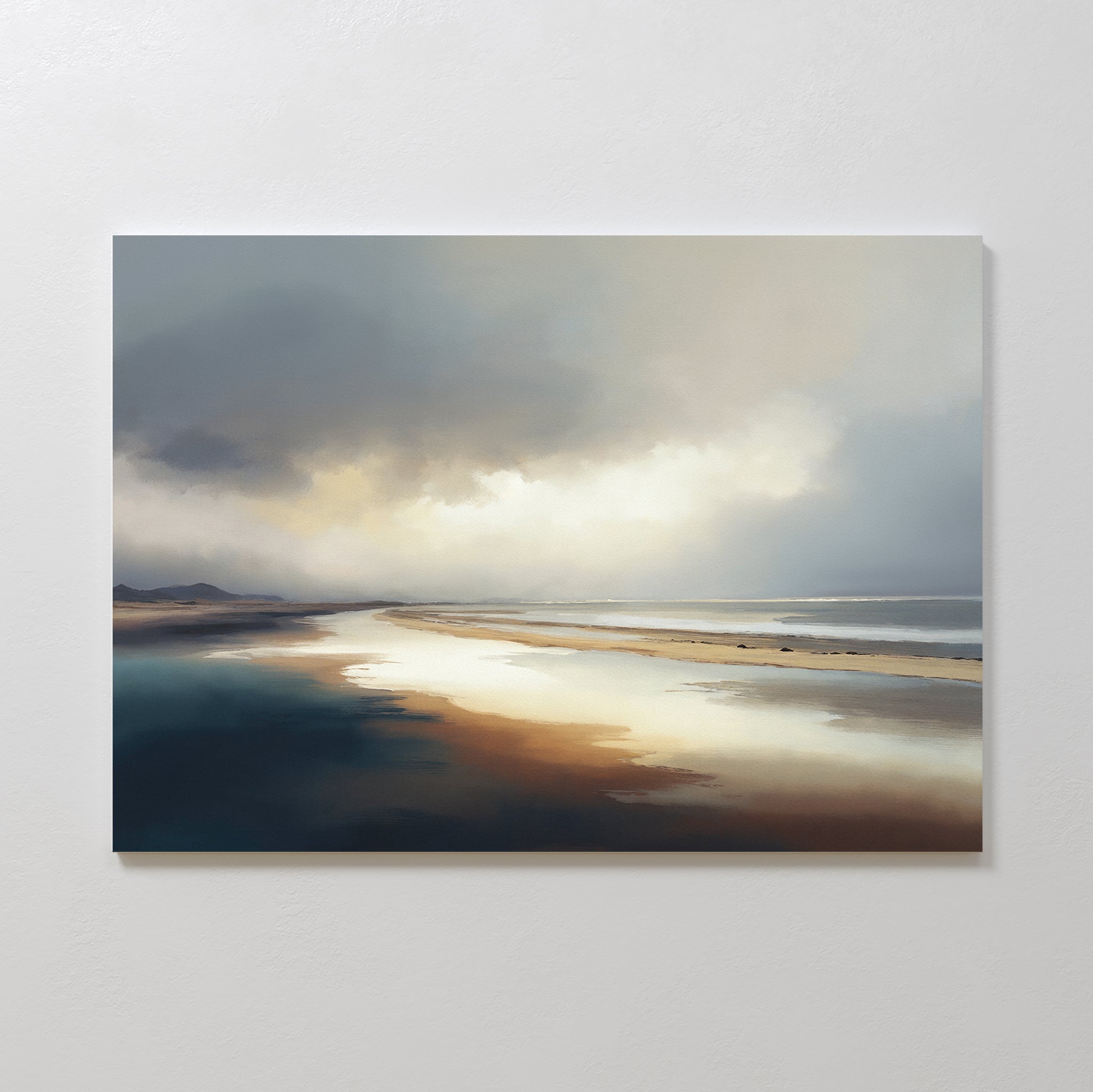 Tidal Reverie Canvas Art - Horizontal showcases a tranquil beach at sunset, with gentle waves and calm water reflecting soft clouds under peaceful, glowing light—perfect for serene coastal décor.
