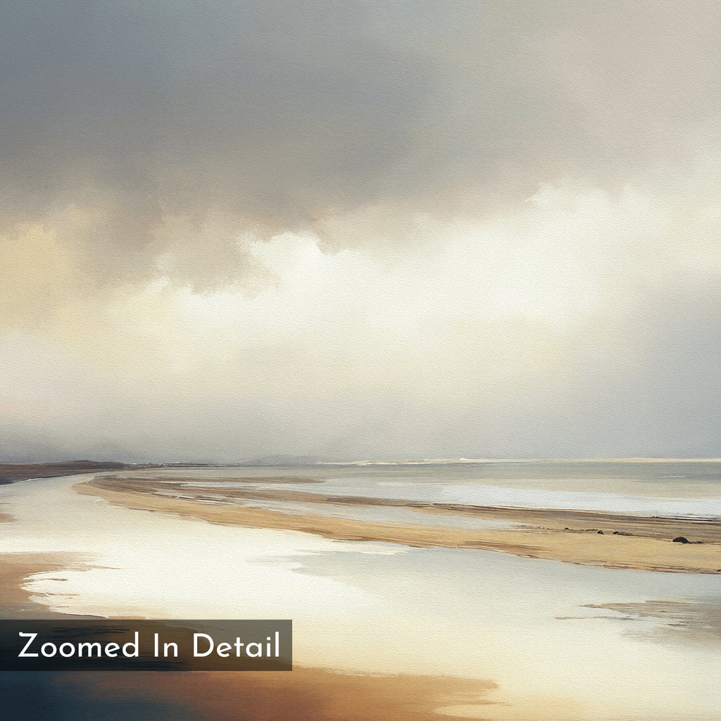 Tidal Reverie Canvas Art - Horizontal features a soft, muted beach shoreline under a cloudy sky with gentle waves and reflective wet sand. Coastal wall art with “Zoomed In Detail” text in the corner. Perfect as a canvas print.