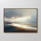 The Tidal Reverie Canvas Art - Horizontal features a tranquil beach at sunset, with sunlight shining through clouds and reflecting on sand and water, creating a serene coastal atmosphere for your wall.