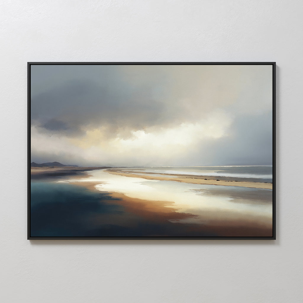 Tidal Reverie Canvas Art - Horizontal features a tranquil beach scene with soft, muted tones. Sunlight filters through clouds, reflecting on wet sand and calm water to create peaceful coastal wall art for any space.