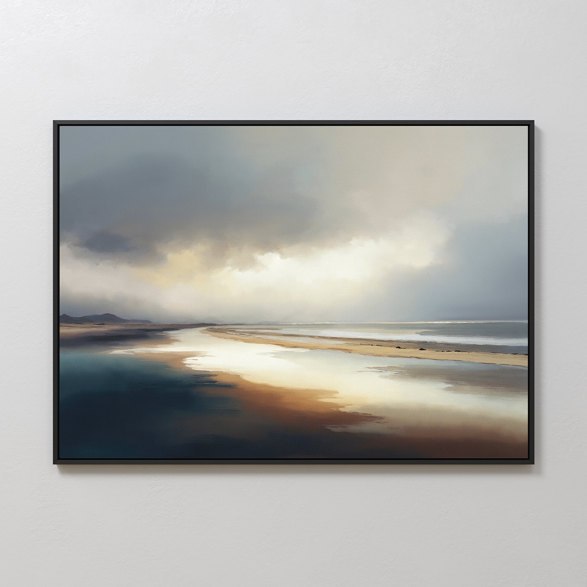 Tidal Reverie Canvas Art - Horizontal features a tranquil beach scene with soft, muted tones. Sunlight filters through clouds, reflecting on wet sand and calm water to create peaceful coastal wall art for any space.