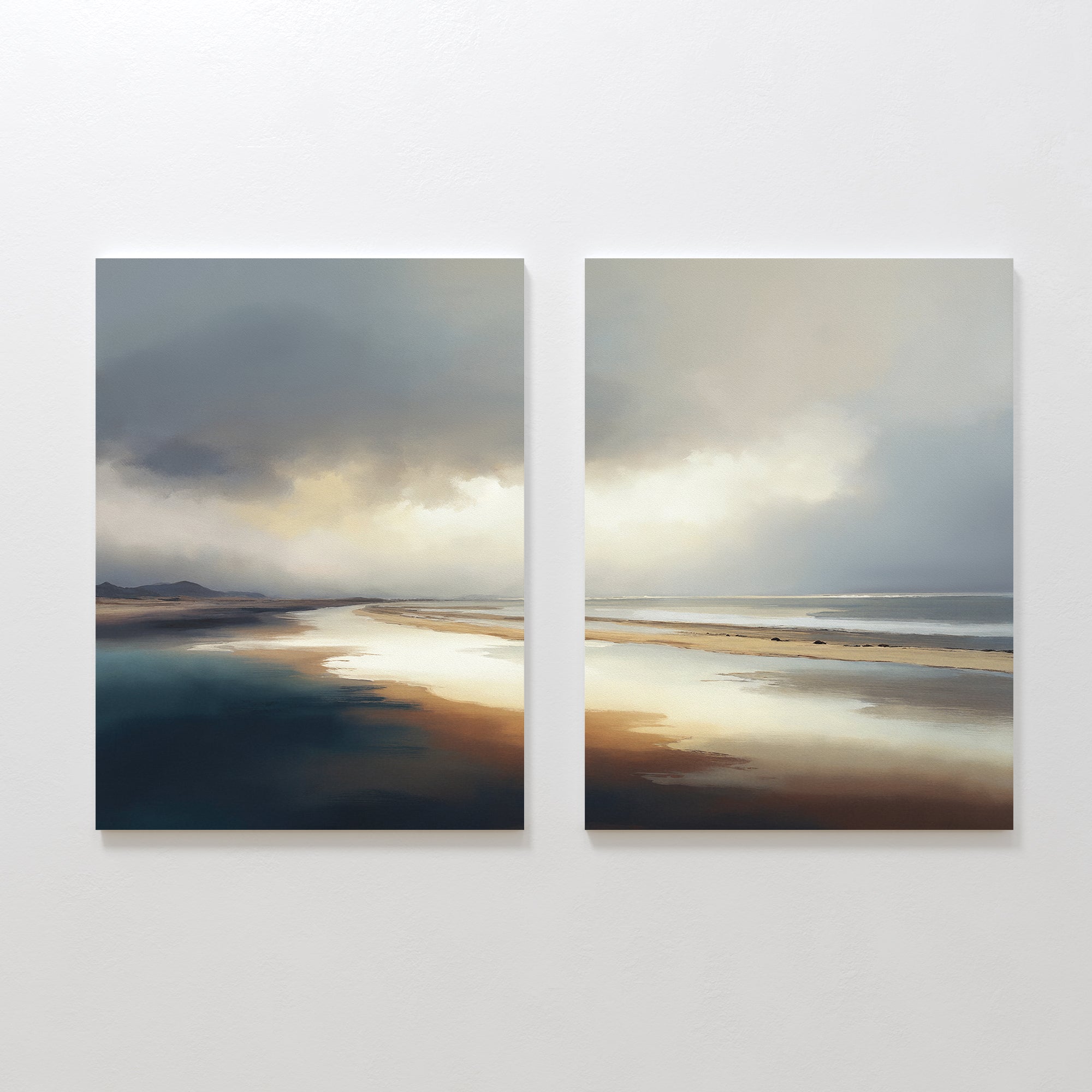 Tidal Reverie - Set of 2: Two canvas prints feature soft, muted beach scenes with cloudy sky reflections on wet sand and gentle waves, hanging side by side for a calming coastal touch on any white wall.