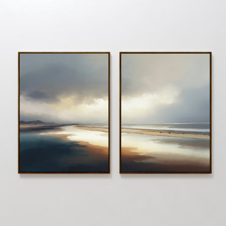 The "Tidal Reverie - Set of 2" framed canvas prints showcase a serene coastal landscape with calm water, sandy shores, and soft light—ideal Nordic Park-inspired wall art to bring tranquility to any space.