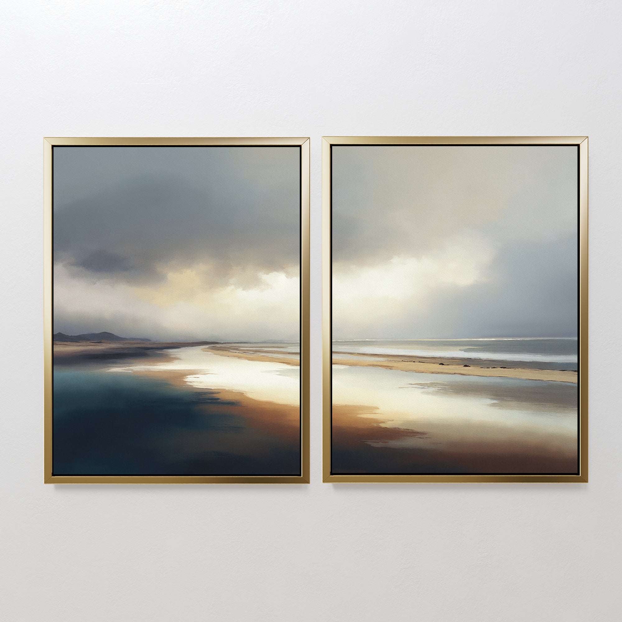 Tidal Reverie - Set of 2 features framed canvas prints showcasing a serene beach scene with reflective sand, tranquil water, and a cloudy sky. The horizon aligns across both pieces for seamless coastal wall art in soft, muted tones.