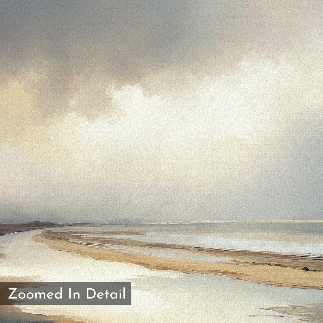 A wide, sandy beach under an overcast sky inspires Nordic Park vibes in "Tidal Reverie Canvas Art - Square"—the perfect serene coastal wall art or calming canvas print for your space.
