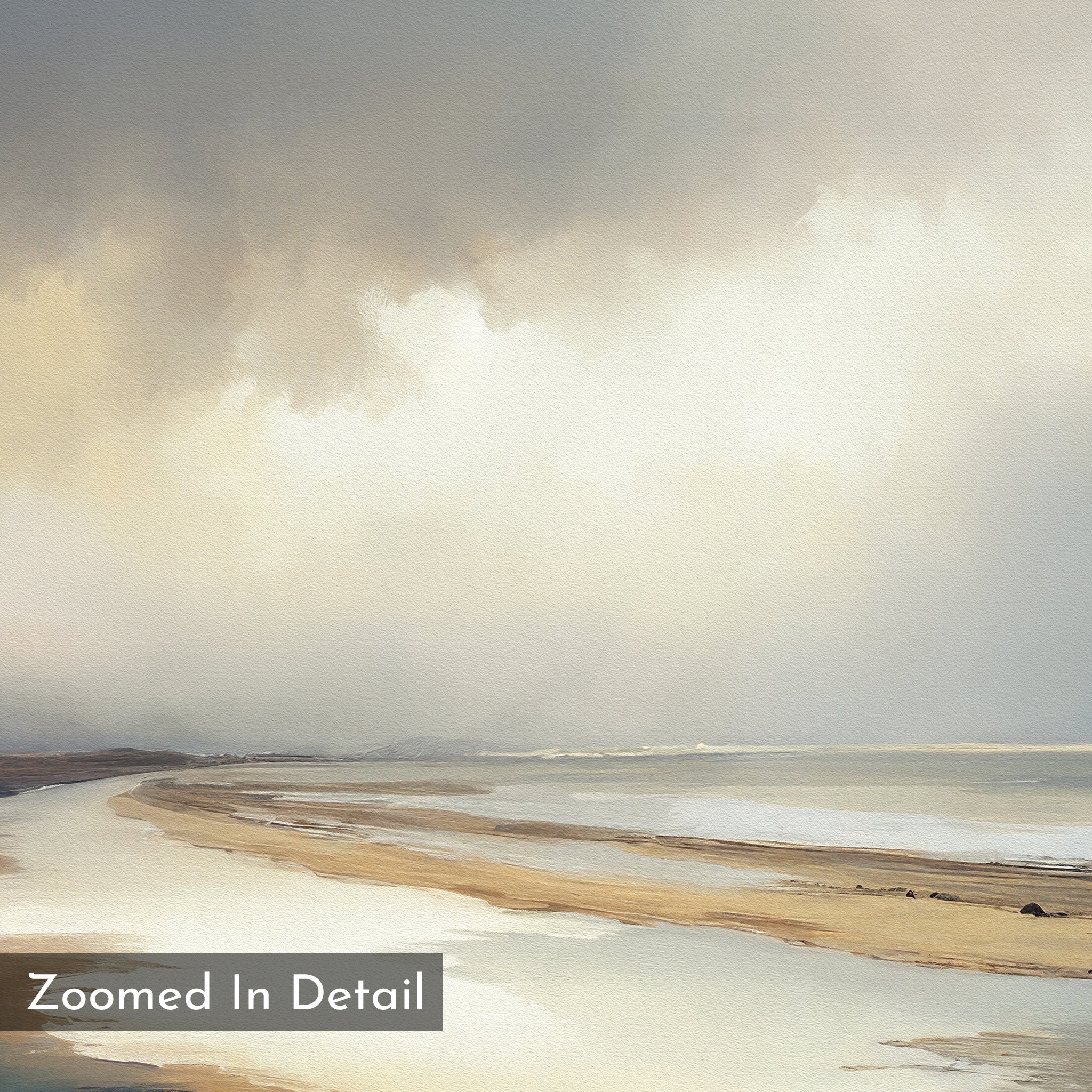 A wide, sandy beach under an overcast sky inspires Nordic Park vibes in "Tidal Reverie Canvas Art - Square"—the perfect serene coastal wall art or calming canvas print for your space.