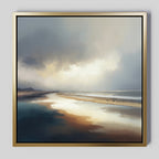 The Tidal Reverie Canvas Art - Square features a serene coastal scene with wet sand reflecting a cloudy sky, distant hills, and soft sunlight. Muted blues, browns, and whites make this framed canvas print perfect for tranquil spaces.