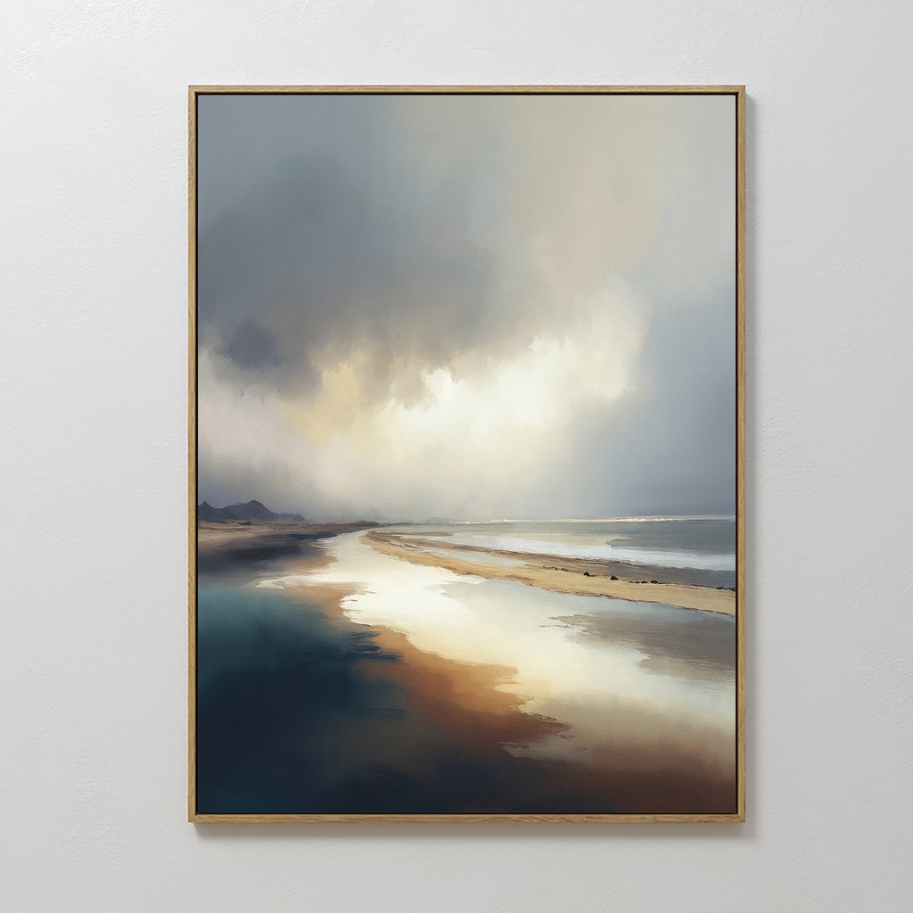 Tidal Reverie Canvas Art - Vertical: Framed print of a serene beach with soft waves, reflective sand, and dramatic skies—ideal coastal wall art to create a peaceful, moody atmosphere.