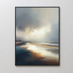 The Tidal Reverie Canvas Art - Vertical features a serene beach scene with dramatic clouds, bright sky, and calm water reflections. This coastal wall art brings a tranquil, moody vibe with softly blurred horizons and distant land.