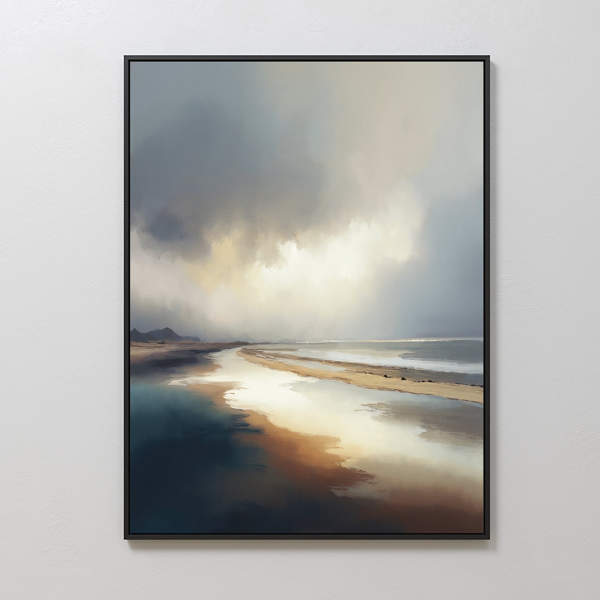 The Tidal Reverie Canvas Art - Vertical features a serene beach scene with dramatic clouds, bright sky, and calm water reflections. This coastal wall art brings a tranquil, moody vibe with softly blurred horizons and distant land.