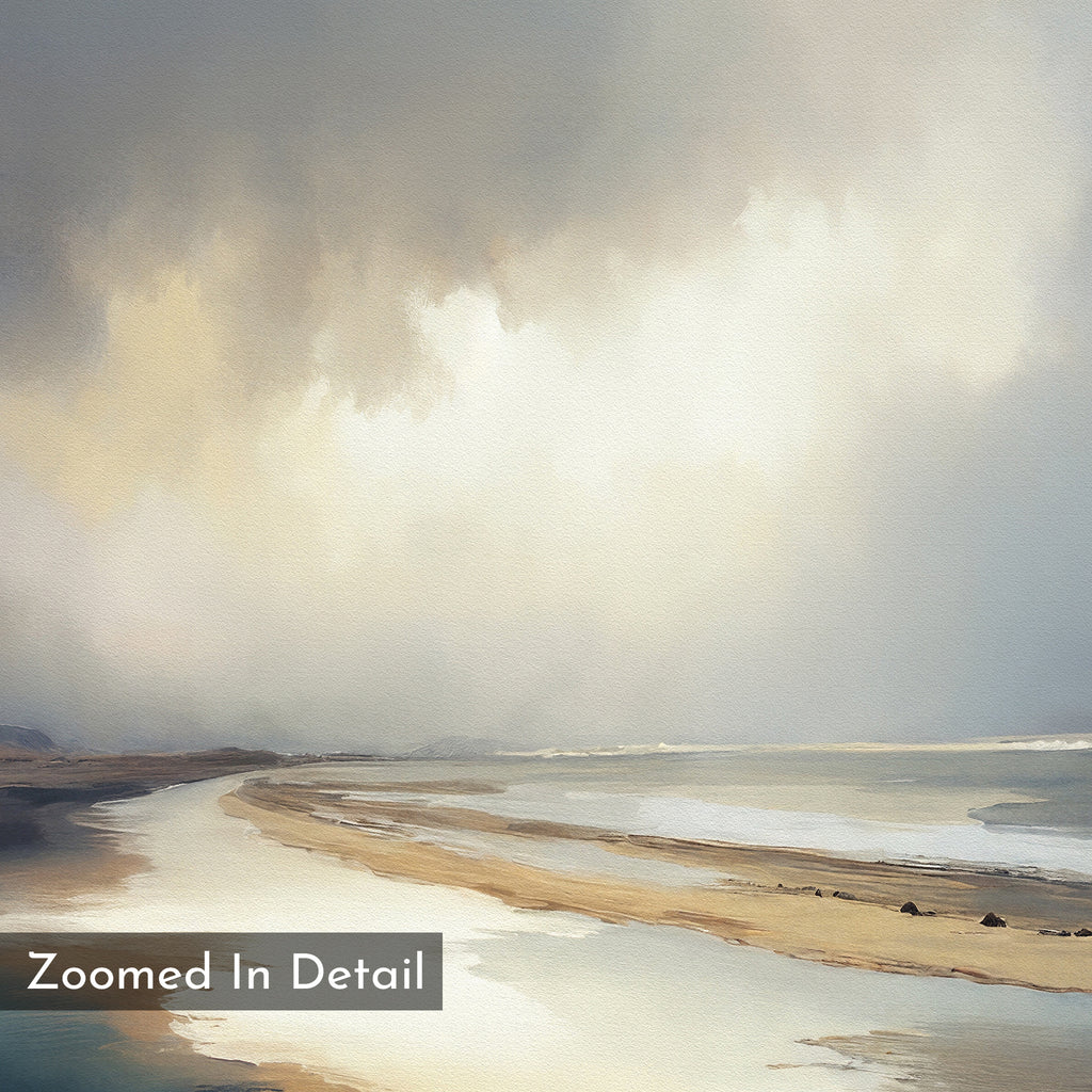 A tranquil beach with soft hues, cloudy skies, and calm water reflecting above—ideal as Tidal Reverie Canvas Art - Vertical for your coastal wall. "Zoomed In Detail" is shown in a semi-transparent box at the bottom left.