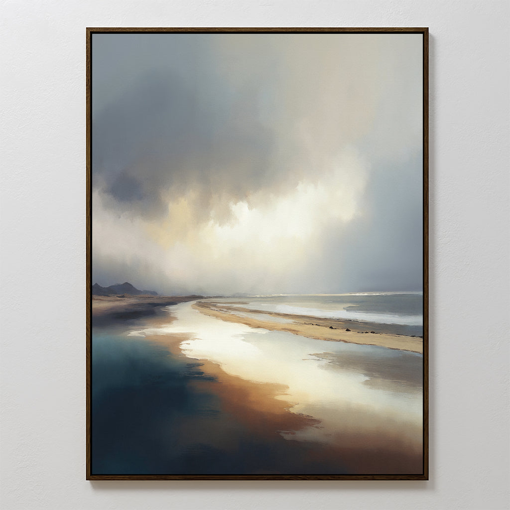 Tidal Reverie Canvas Art - Vertical features a serene beach with a calm shoreline, soft waves, and dramatic clouds. Light on wet sand creates peaceful, moody Nordic Park-inspired coastal wall art for any space.