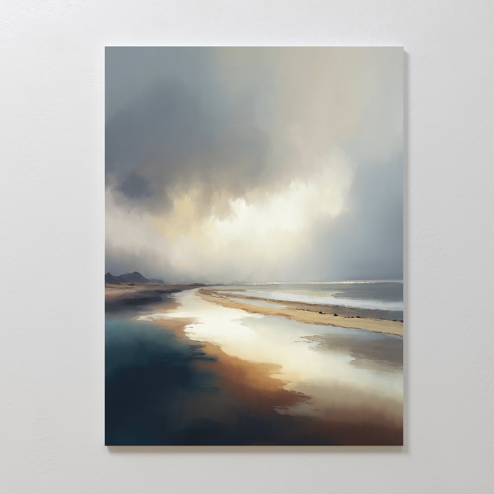 Tidal Reverie Canvas Art - Vertical features a serene beach with dramatic clouds and soft sunlight on wet sand, creating a peaceful, moody atmosphere for your space.