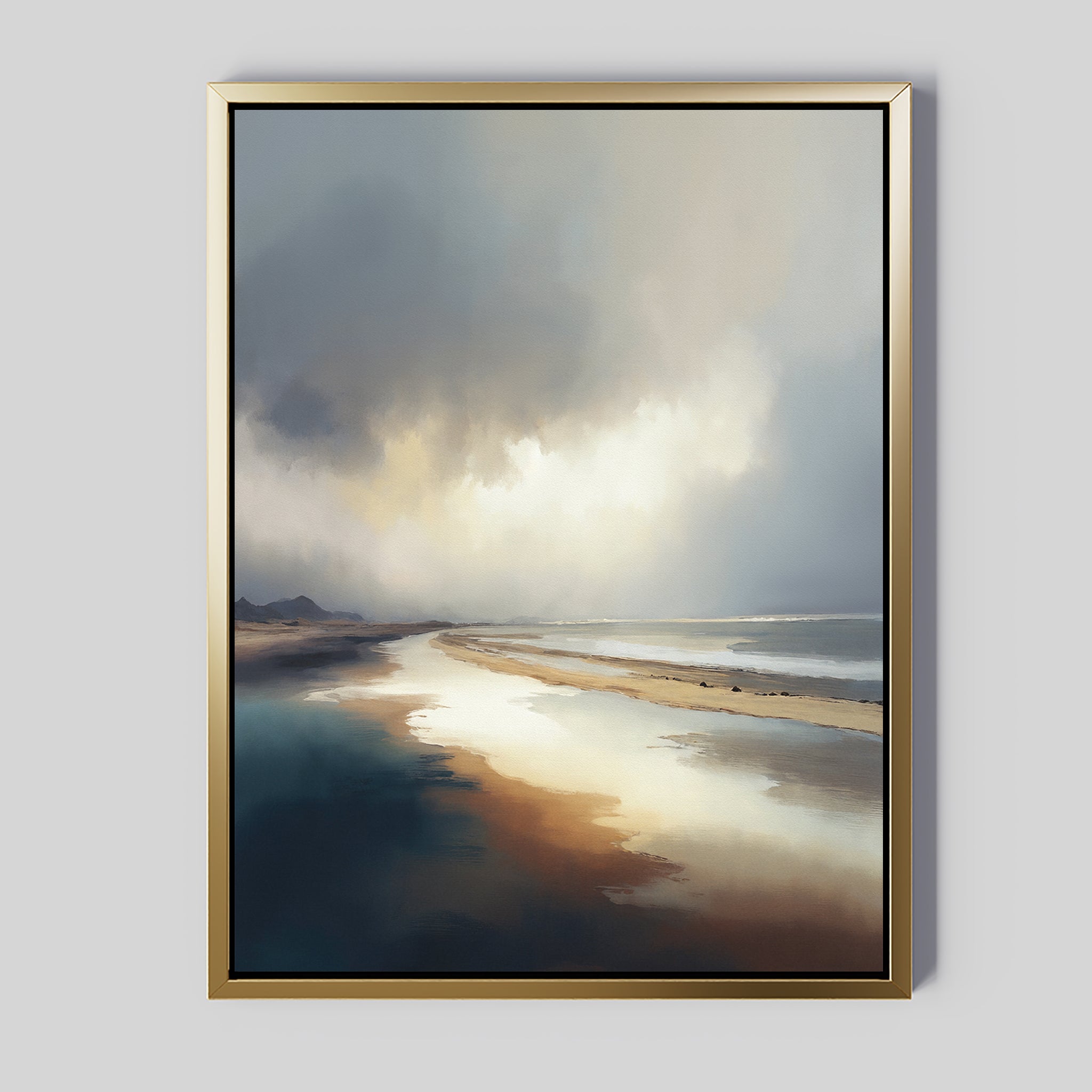 The Tidal Reverie Canvas Art - Vertical features a tranquil beach scene with soft tones and reflective sand beneath a cloudy sky, bringing calm, Nordic Park-inspired style to any space.
