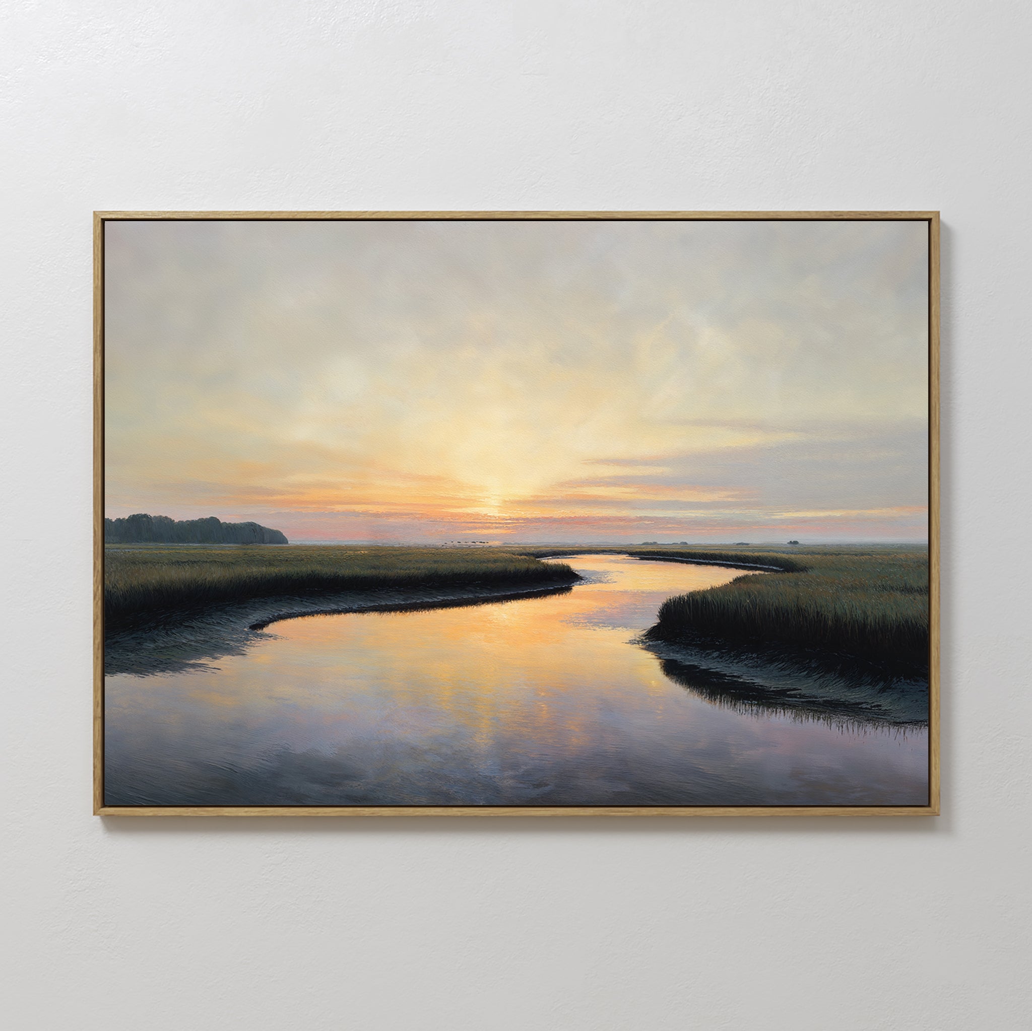 Tidal Whispers Canvas Art - Horizontal features a tranquil marsh landscape with a winding river reflecting a vibrant sunset, grassy banks, and distant trees—an ideal framed print to elevate your peaceful coastal home decor.