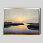Tidal Whispers Canvas Art - Horizontal features a tranquil marsh landscape with a winding river at sunset, bordered by grassy fields and distant trees—perfect for peaceful home decor on any light gray wall.