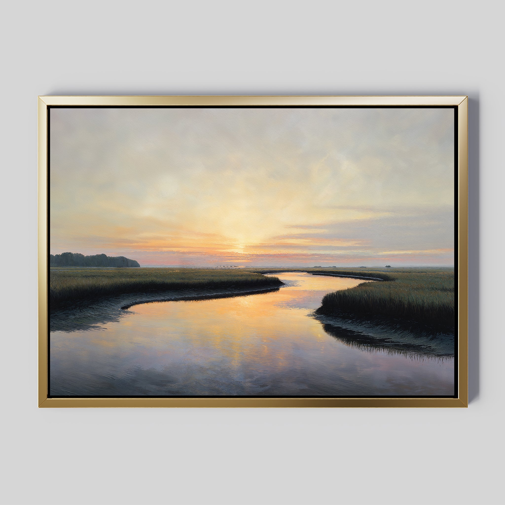 Tidal Whispers Canvas Art - Horizontal features a tranquil marsh landscape with a winding river at sunset, bordered by grassy fields and distant trees—perfect for peaceful home decor on any light gray wall.