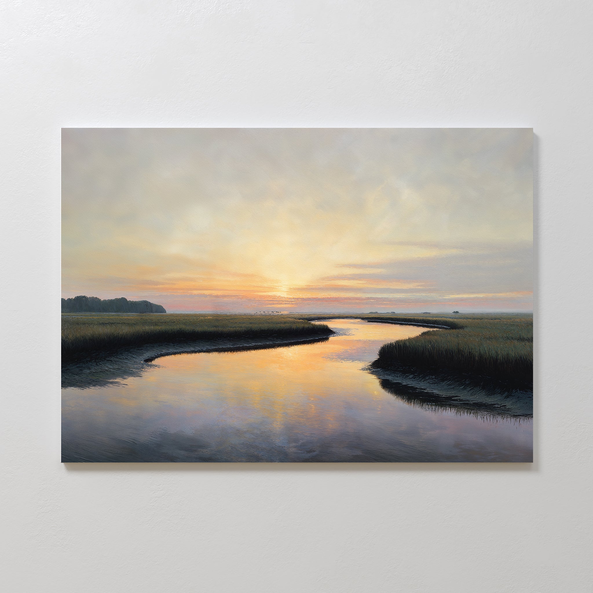 The Tidal Whispers Canvas Art - Horizontal captures a serene landscape with a glowing sunset over a winding river—ideal as a sunset canvas print or tranquil home decor.