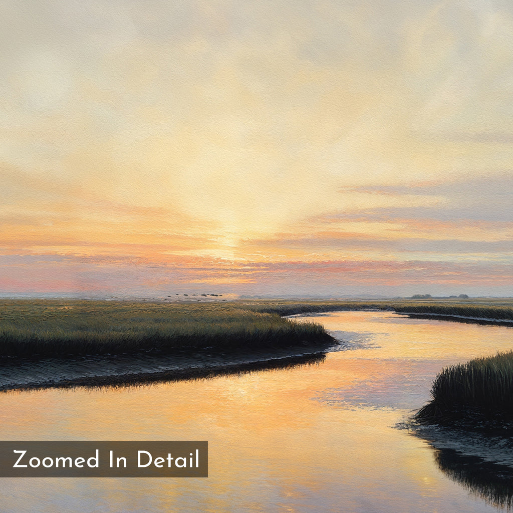 Experience tranquility with the Tidal Whispers Canvas Art - Horizontal, featuring a river winding through grassy marshes at sunset. Golden sunlight reflects on the water, adding serenity to your space. Text reads, “Zoomed In Detail.”.