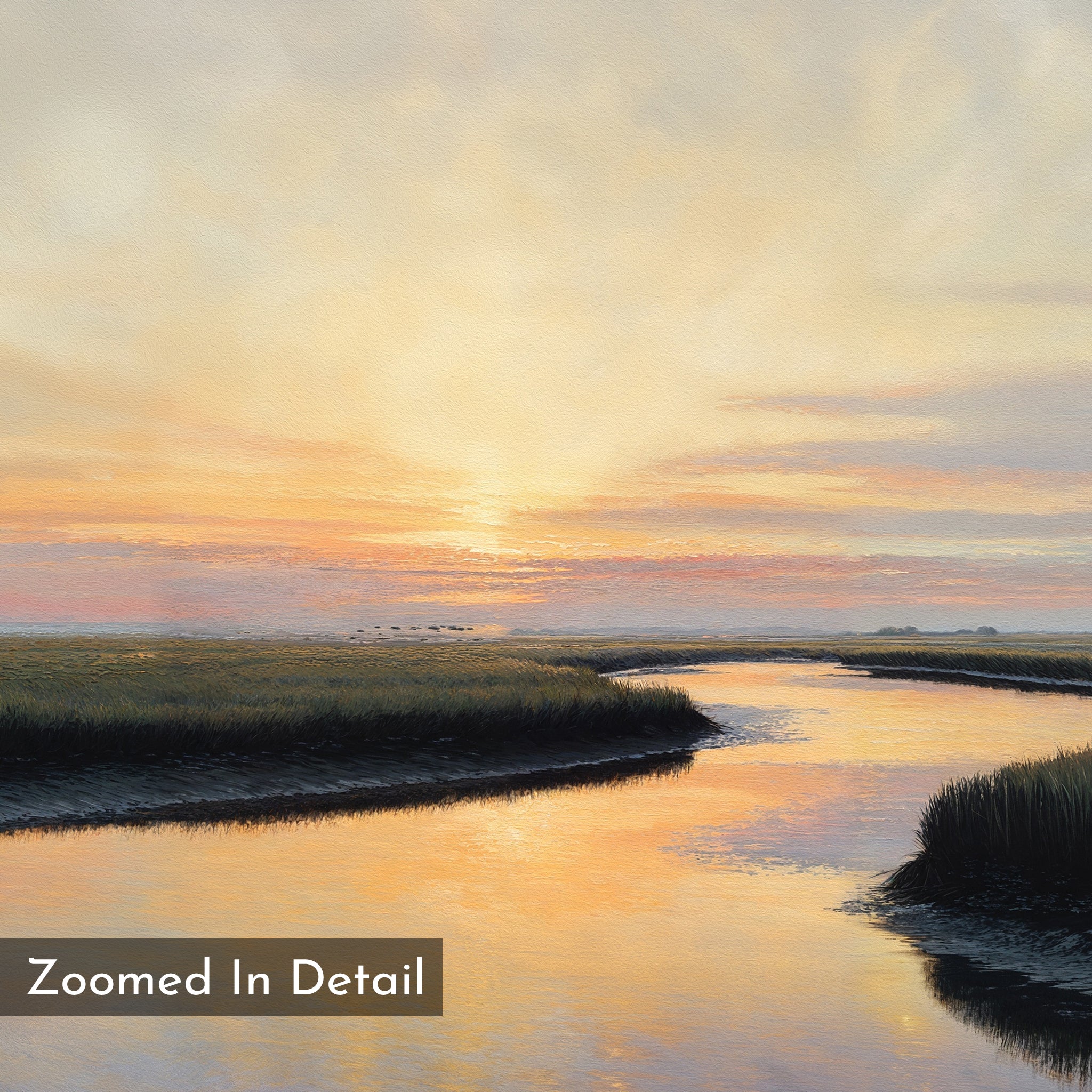 Experience tranquility with the Tidal Whispers Canvas Art - Horizontal, featuring a river winding through grassy marshes at sunset. Golden sunlight reflects on the water, adding serenity to your space. Text reads, “Zoomed In Detail.”.
