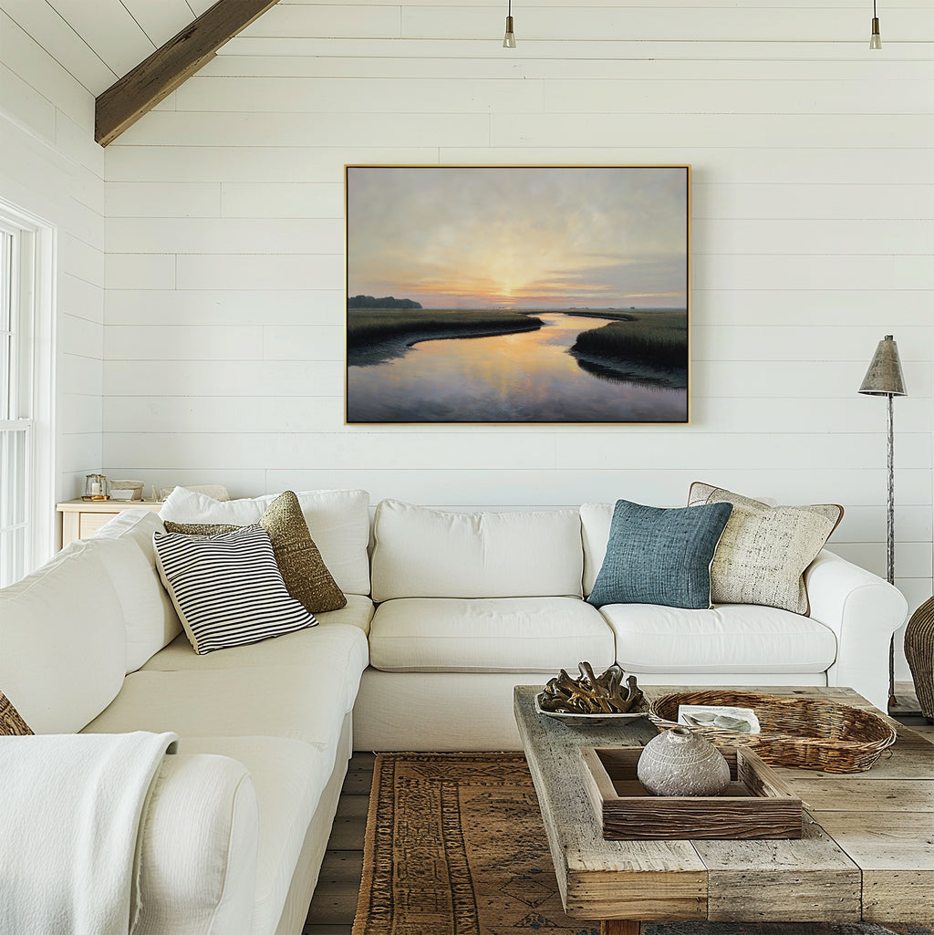A bright, cozy living room with white shiplap walls, a sectional sofa, rustic coffee table, and peaceful decor featuring the Tidal Whispers Canvas Art - Horizontal, bringing warmth and elegance to the space.
