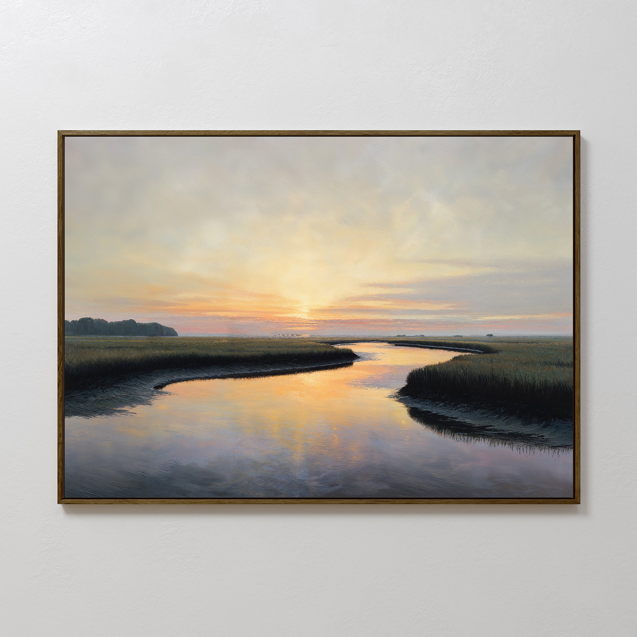 The Tidal Whispers Canvas Art - Horizontal features a coastal marsh at sunset with a winding waterway reflecting orange, pink, and blue tones, bordered by tall grasses—ideal for adding peaceful charm to your home decor.