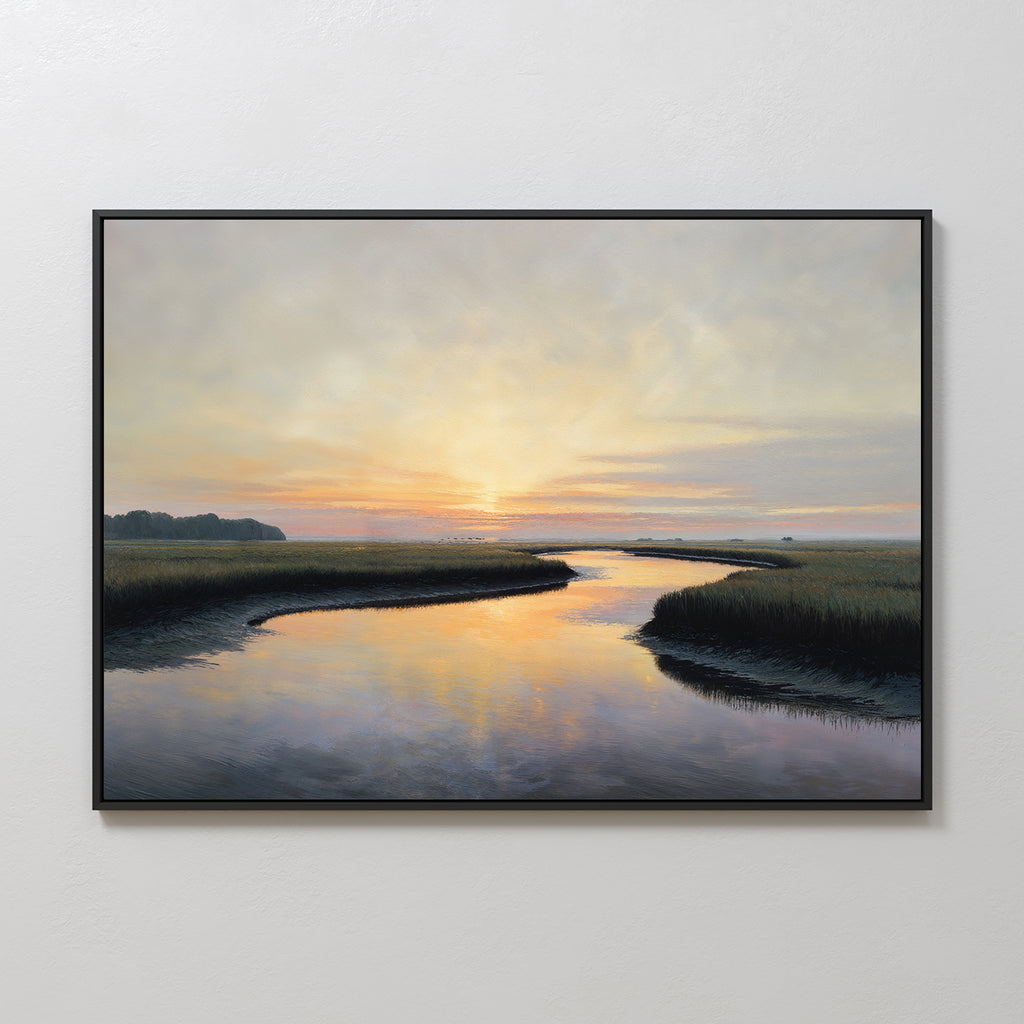 Tidal Whispers Canvas Art - Horizontal: A framed sunset canvas featuring a serene marsh with a winding river, colorful clouds, grasses, and distant trees—ideal coastal wall art for peaceful home decor.