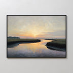Tidal Whispers Canvas Art - Horizontal: A framed sunset canvas featuring a serene marsh with a winding river, colorful clouds, grasses, and distant trees—ideal coastal wall art for peaceful home decor.