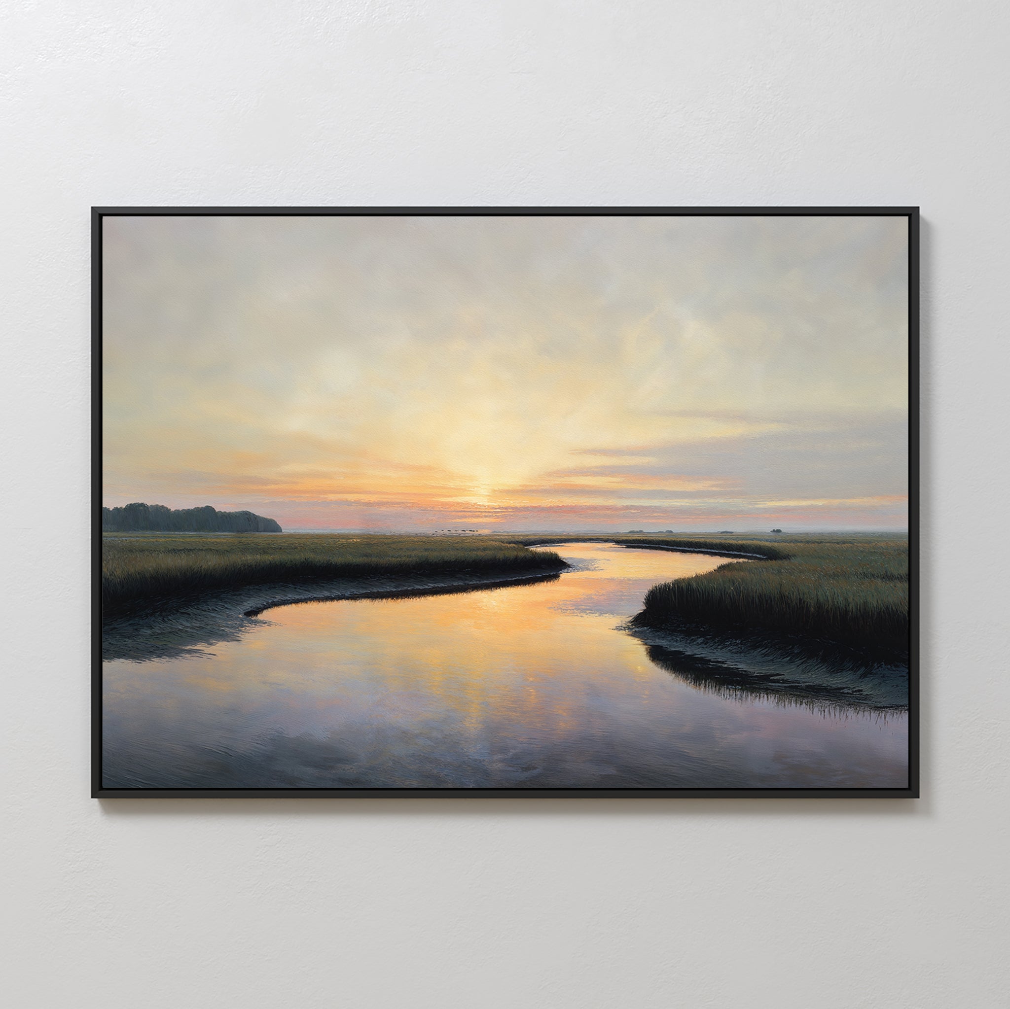 Tidal Whispers Canvas Art - Horizontal: A framed sunset canvas featuring a serene marsh with a winding river, colorful clouds, grasses, and distant trees—ideal coastal wall art for peaceful home decor.