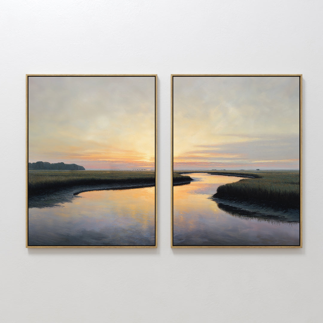 Tidal Whispers - Set of 2 features two framed landscape paintings showing a serene river winding through grassy marshland at sunset, with pastel skies reflected in calm waters—a tranquil coastal marsh wall art set.