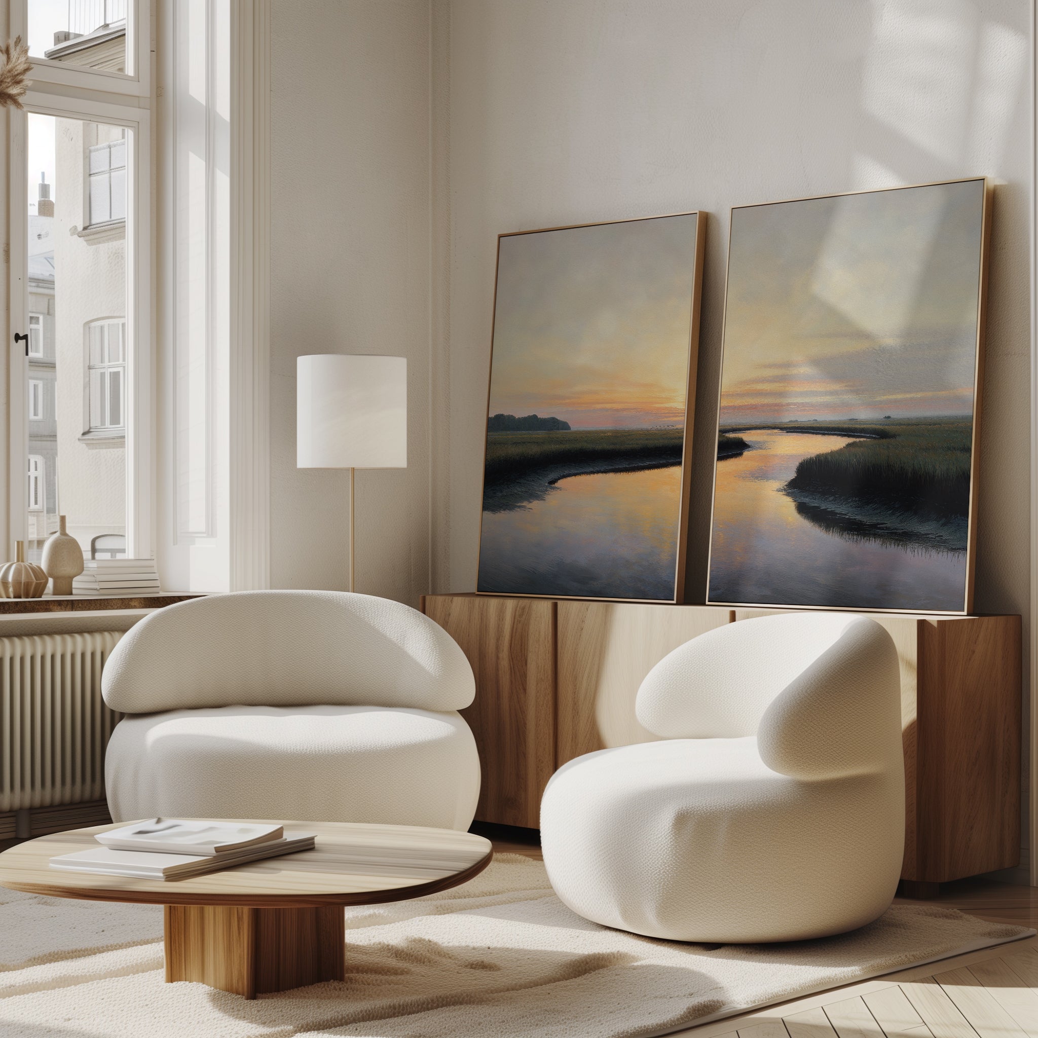 A room with white chairs, a table, and sunset artwork feels warm, while the "Tidal Whispers - Set of 2" coastal marsh wall art adds a serene atmosphere.