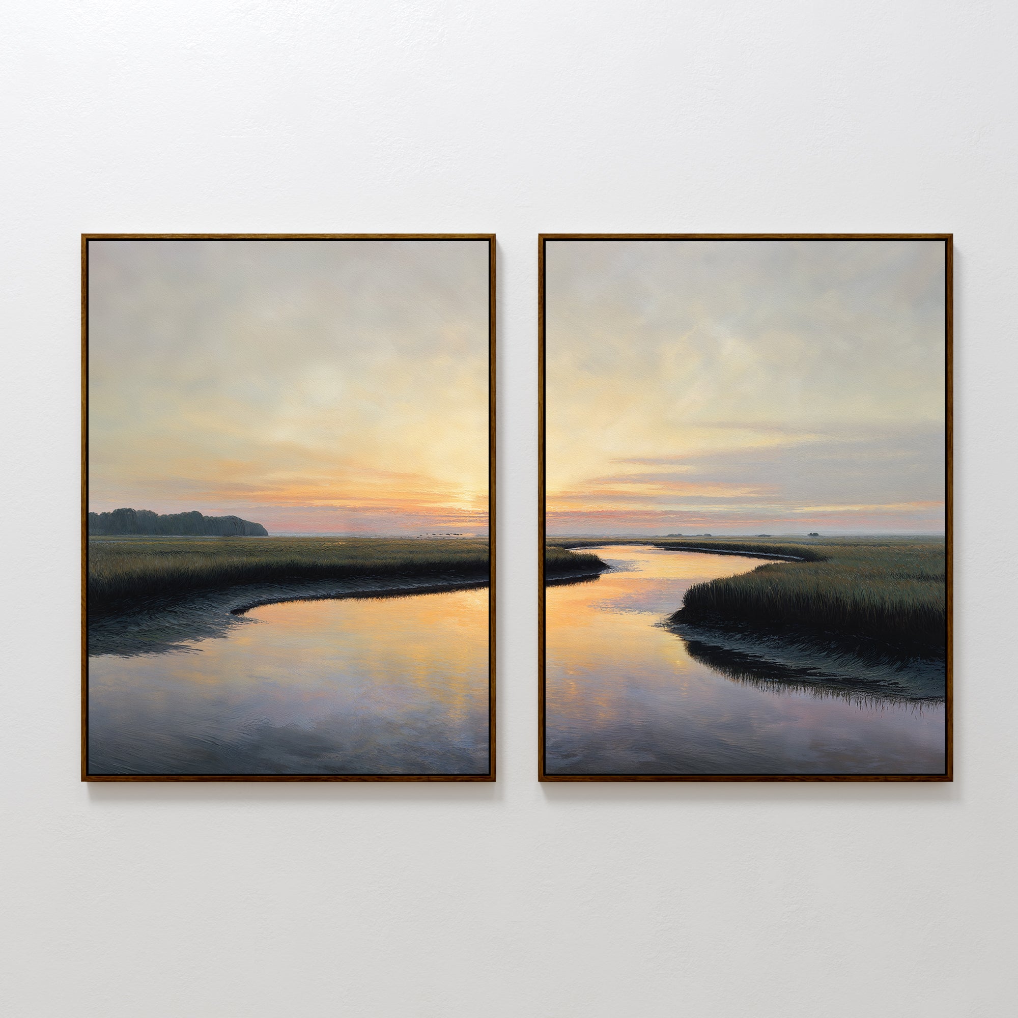 Tidal Whispers - Set of 2 features framed landscape art with tranquil rivers winding through grassy marshes at sunset, soft clouds, and warm pastel colors reflected on the water—perfect coastal marsh wall decor.