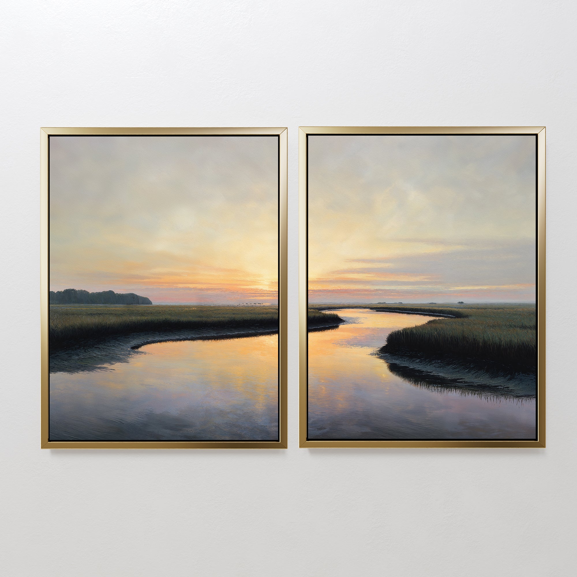 Tidal Whispers - Set of 2 features framed landscape prints of a calm river at sunset winding through grassy marshes, with vibrant hues mirrored in the water—ideal wall art for coastal marsh lovers.