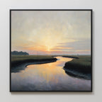 Tidal Whispers Canvas Art - Square features a serene marshland at sunset, with a winding river reflecting orange, pink, and purple hues—ideal as sunset wall decor for a tranquil coastal vibe.