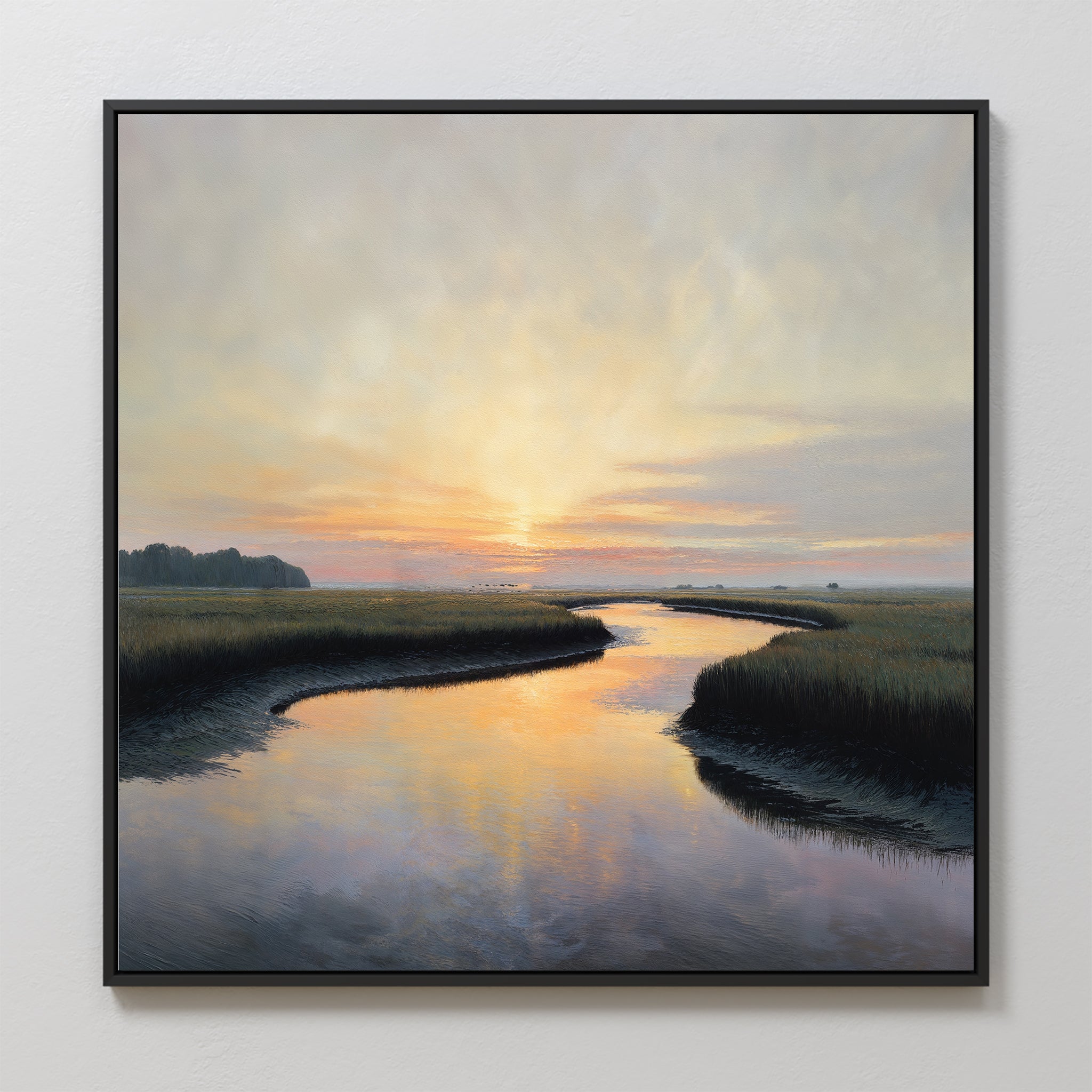 Tidal Whispers Canvas Art - Square features a serene marshland at sunset, with a winding river reflecting orange, pink, and purple hues—ideal as sunset wall decor for a tranquil coastal vibe.