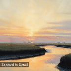 Experience tranquility with the Tidal Whispers Canvas Art - Square, featuring a golden sunset over marshland and winding waterways lined with tall grasses. The corner displays "Zoomed In Detail." Ideal as sunset wall decor or a canvas print.