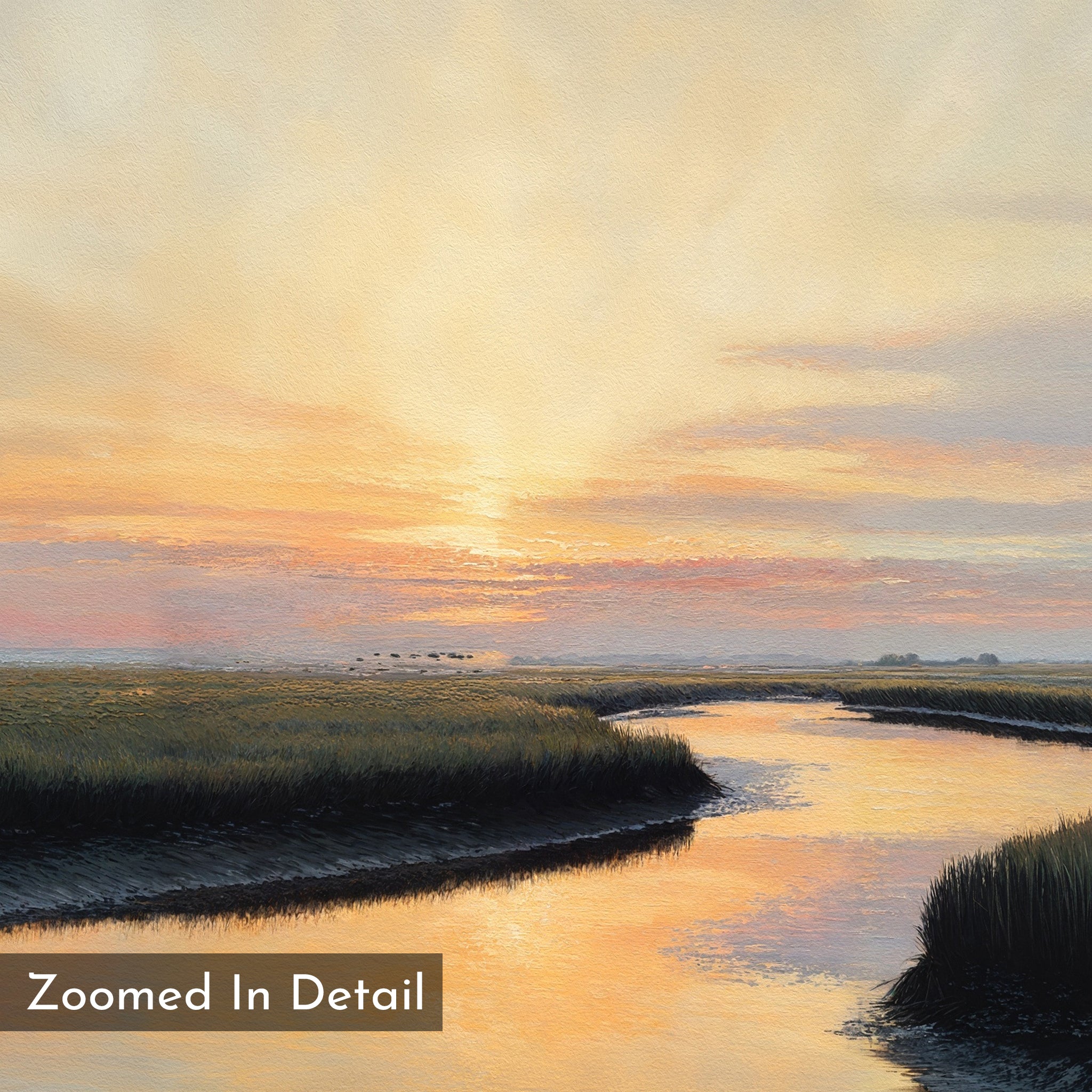 Experience tranquility with the Tidal Whispers Canvas Art - Square, featuring a golden sunset over marshland and winding waterways lined with tall grasses. The corner displays "Zoomed In Detail." Ideal as sunset wall decor or a canvas print.