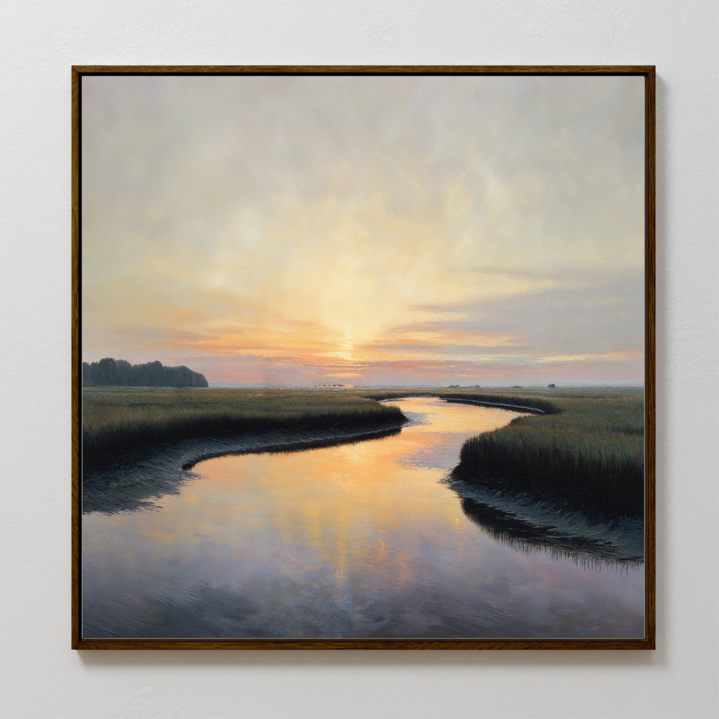 Tidal Whispers Canvas Art - Square features a framed print of a winding river at sunset with grassy banks and silhouetted trees, making it the perfect sunset wall decor.