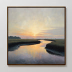 Tidal Whispers Canvas Art - Square features a framed print of a winding river at sunset with grassy banks and silhouetted trees, making it the perfect sunset wall decor.
