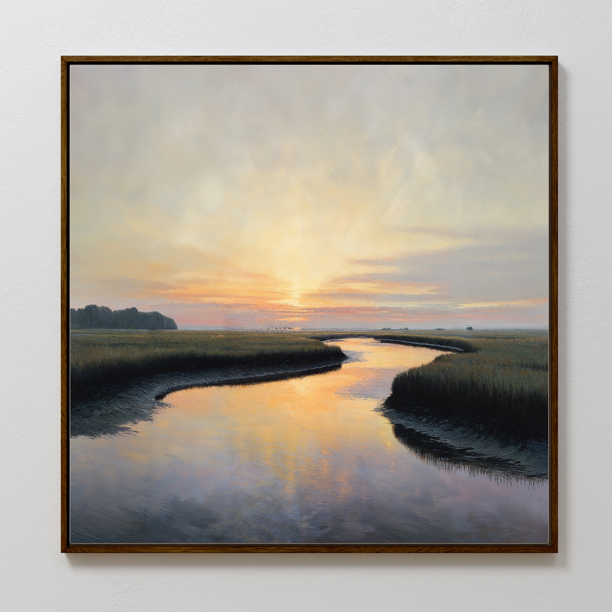 Tidal Whispers Canvas Art - Square features a framed print of a winding river at sunset with grassy banks and silhouetted trees, making it the perfect sunset wall decor.