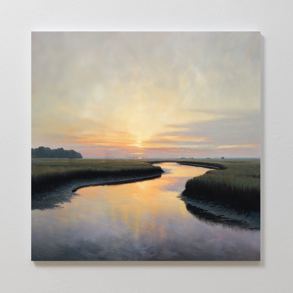 The Tidal Whispers Canvas Art - Square features a winding river reflecting a colorful sunset sky, with tall grasses and distant trees—ideal as coastal marsh or sunset wall decor for any room.